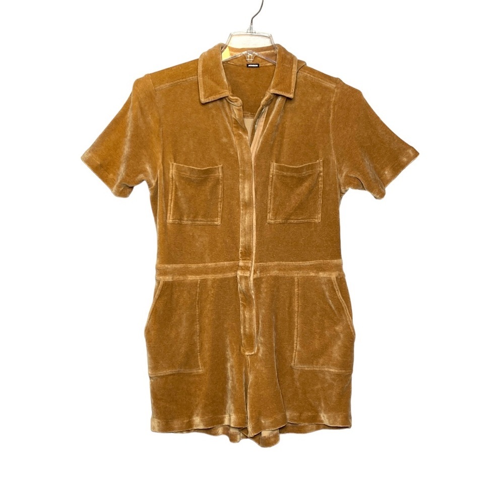 Revolve Monrow Terry Cloth Shorts Romper Small Brown Zips Pockets Short Sleeves